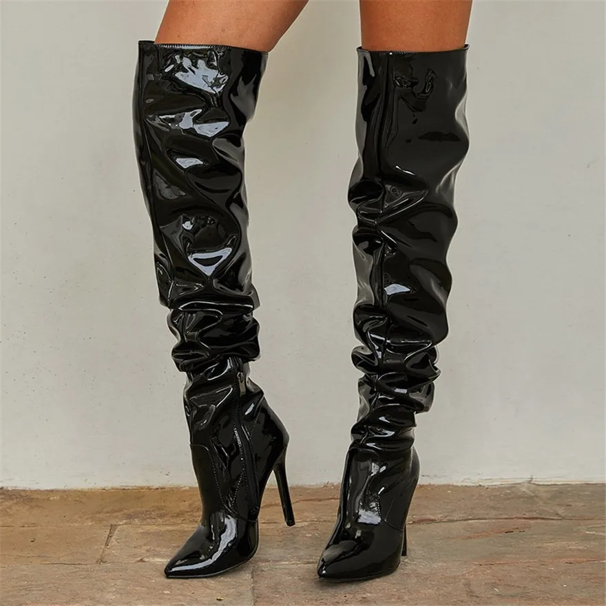 Women Patent Leather Elastic Over The Knee Boots New Female Pointy Thigh High Boots Sexy Slim Black High Heels Party Shoes 35-42