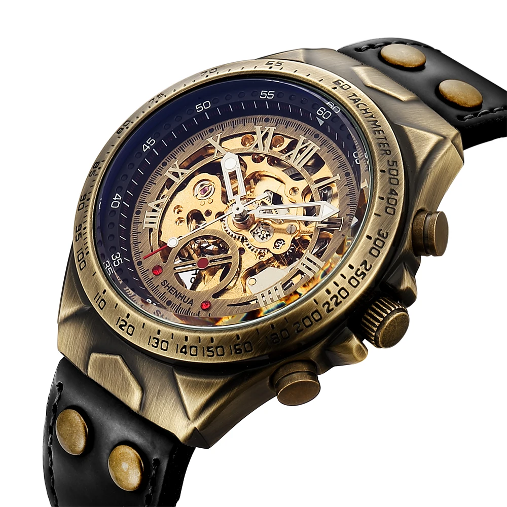 Relógio mecânico automático de esqueleto oco masculino, Steampunk Transparent Dial, couro marrom, relógios de pulso auto-enrolados