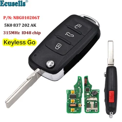 3+1 Button Keyless-go Remote Key 315MHz ID48 Chip for Volkswagen  Passat CC Jetta Golf Beetle P/N: NBG010206T 5K0 837 202 AK