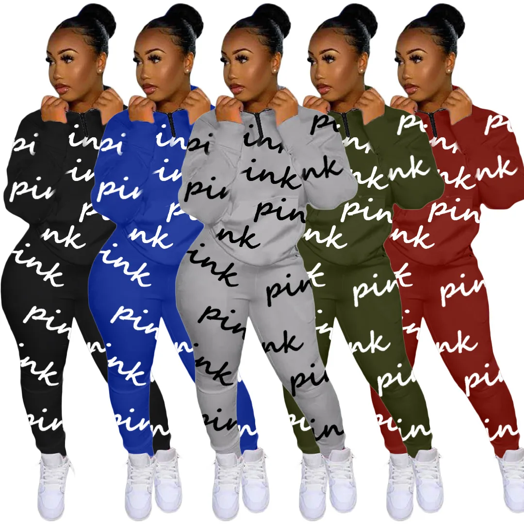 2021 Autumn Winter PINK Letter Two Piece Sets Sweatshirts And Pants Tracksuits Zipper Pockets Outfits Sportswear Women Clothes