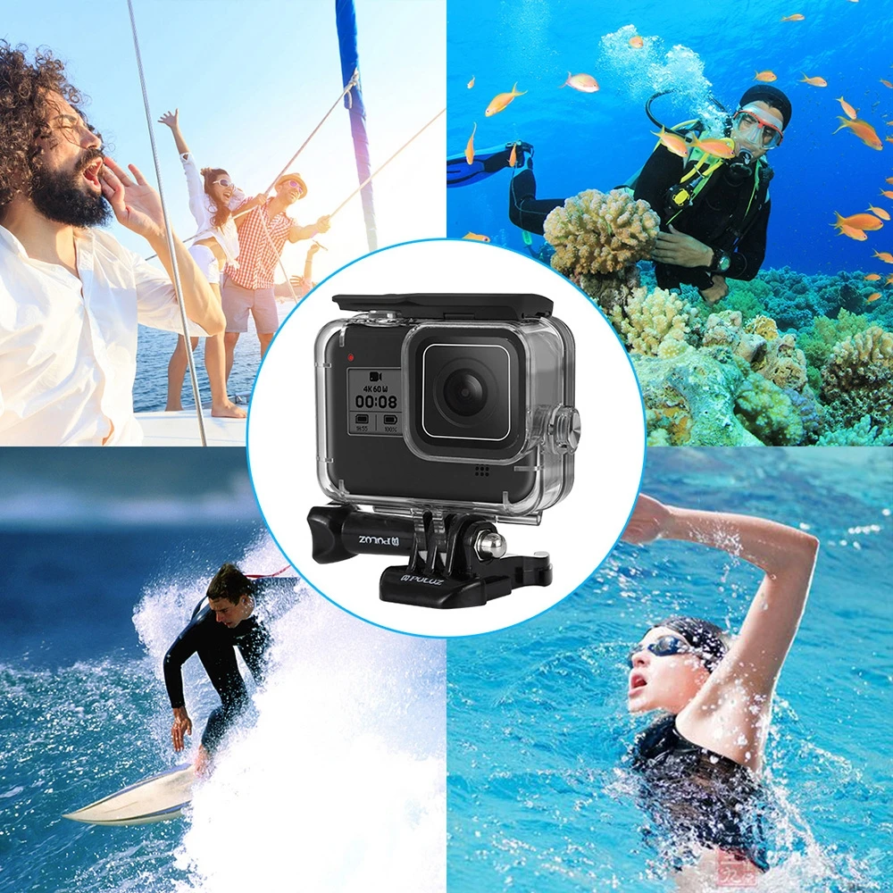 Puluz เคสกันน้ำลึก60ม. สำหรับดำน้ำลึกใต้น้ำปลอกหุ้มสำหรับ GoPro กล้องสีดำ HERO8