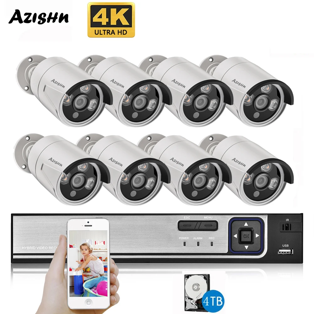 

AZISHN 4K Ultra HD 8MP POE NVR Kit Street CCTV Record Security System IP Camera Outdoor Home Video Surveillance Camera Set