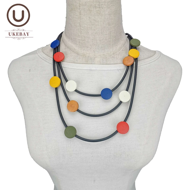 UKEBAY New Multicolor Wood Necklaces Women Choker Necklace Rubber Rope Gothic Jewelry Boho Clothes Accessories Sweater Chains