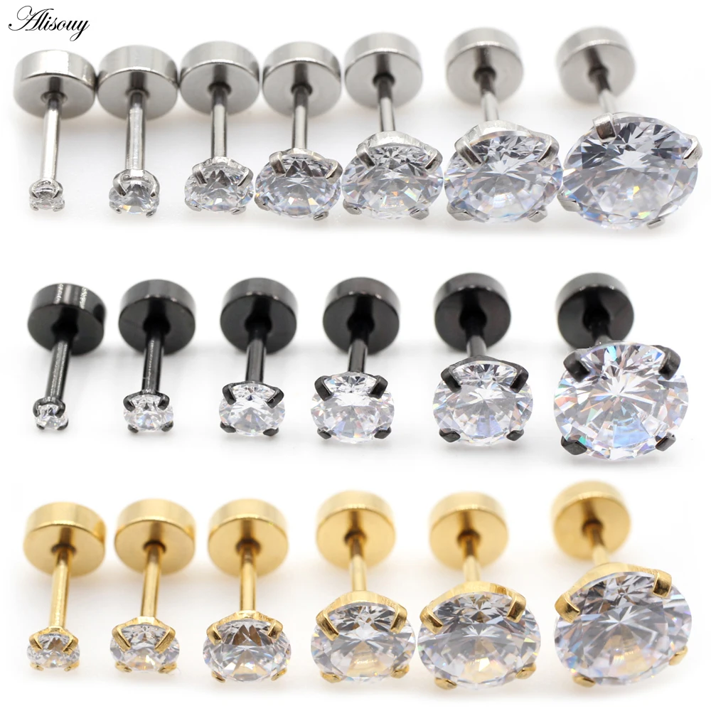 Alisouy 2pc Size 2-10mm 3 Colors Punk Medical Stainless Titanium Steel Needle Zircon Crystal Stud Earrings For Men Women Party