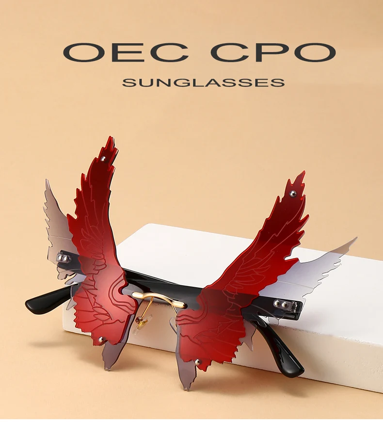 OEC-MANAGEMENT CPO Einzigartige Flügel Randlose Sonnenbrille Frauen Mode Großen Rahmen Steampunk Sonnenbrille Weibliche Rahmenlose Bunte Party Gläser Männer – Detail 1