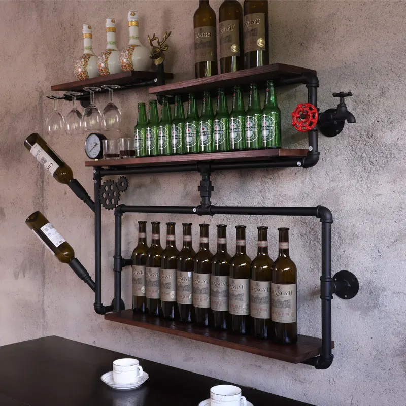 coffee shop bar wine cabinet wine rack Loft retro industrial style shelving shelf wall iron solid wood pipe wall hanging image 2