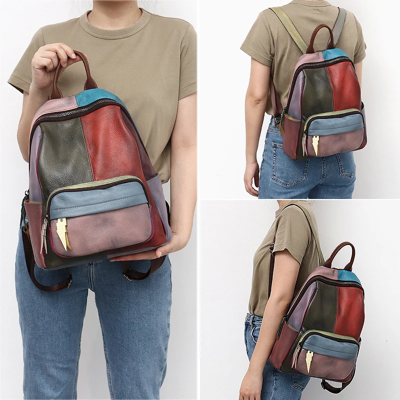 SC Retro Women Genuine Leather Backpack Luxury Colorful Patchwork Multi Pockets Knapsacks Large Soft Casual School Shoulder Bags