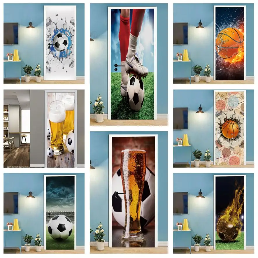 Football Basketball 3D Wallpaper Door Sticker Bedroom Decoration Self-Adhesive Poster Wall Decal Removable Murals Deurstickers