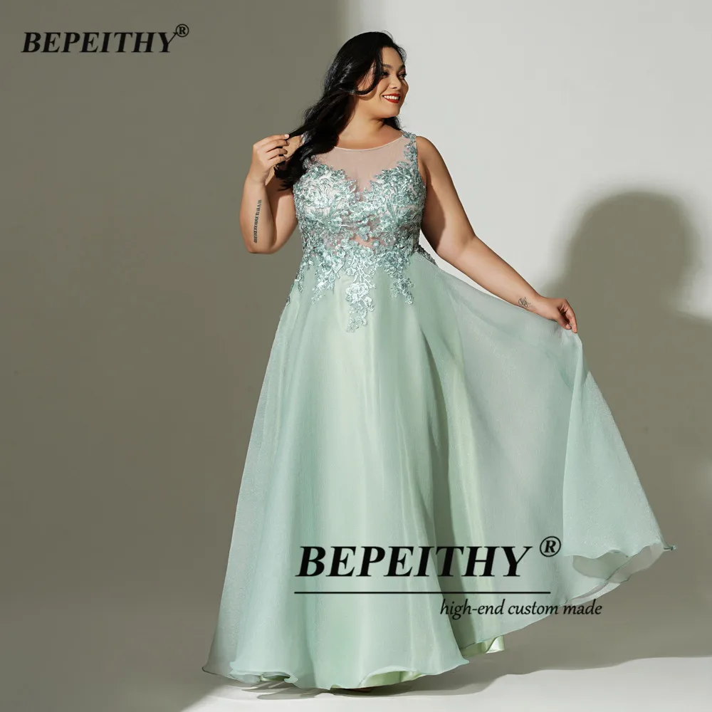 BEPEITHY, vestidos de noche largos personalizados, fiesta elegante para mujeres curvadas, sin mangas, encaje hasta el suelo, vestido de graduación verde de talla grande