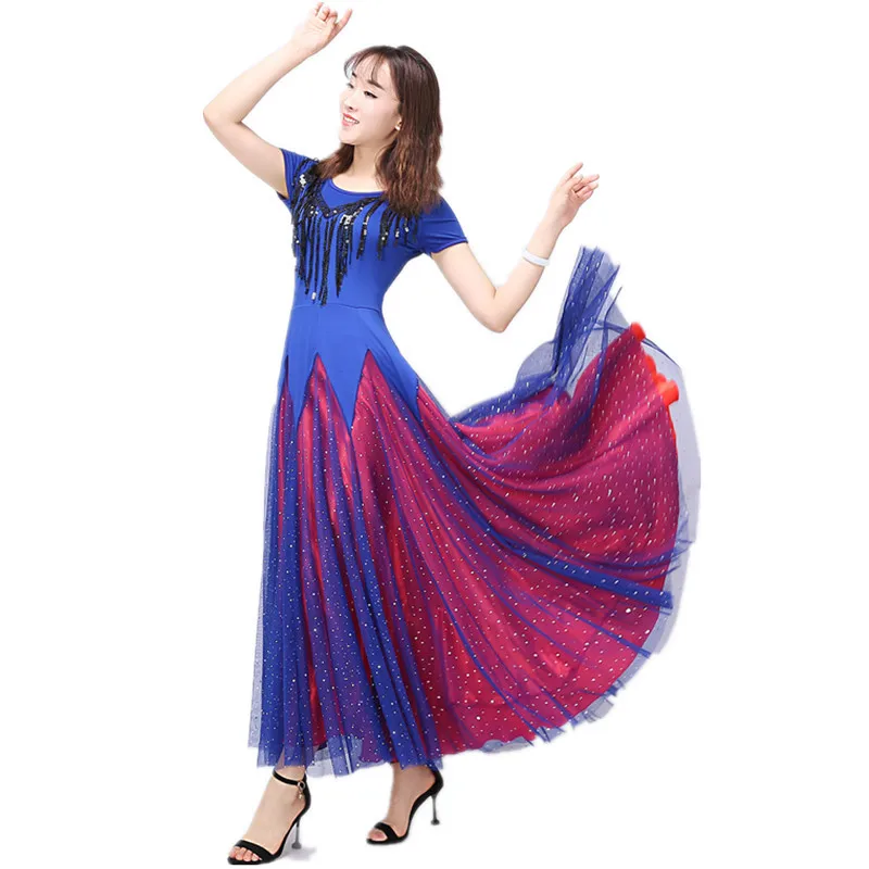 Große Schaukel Rock Frauen Ballsaal Kleid Dame Flamenco Latin Tango Tanzen Walzer Garn Mesh Kostüme Royal Blau Und ROSE Doppel farbe