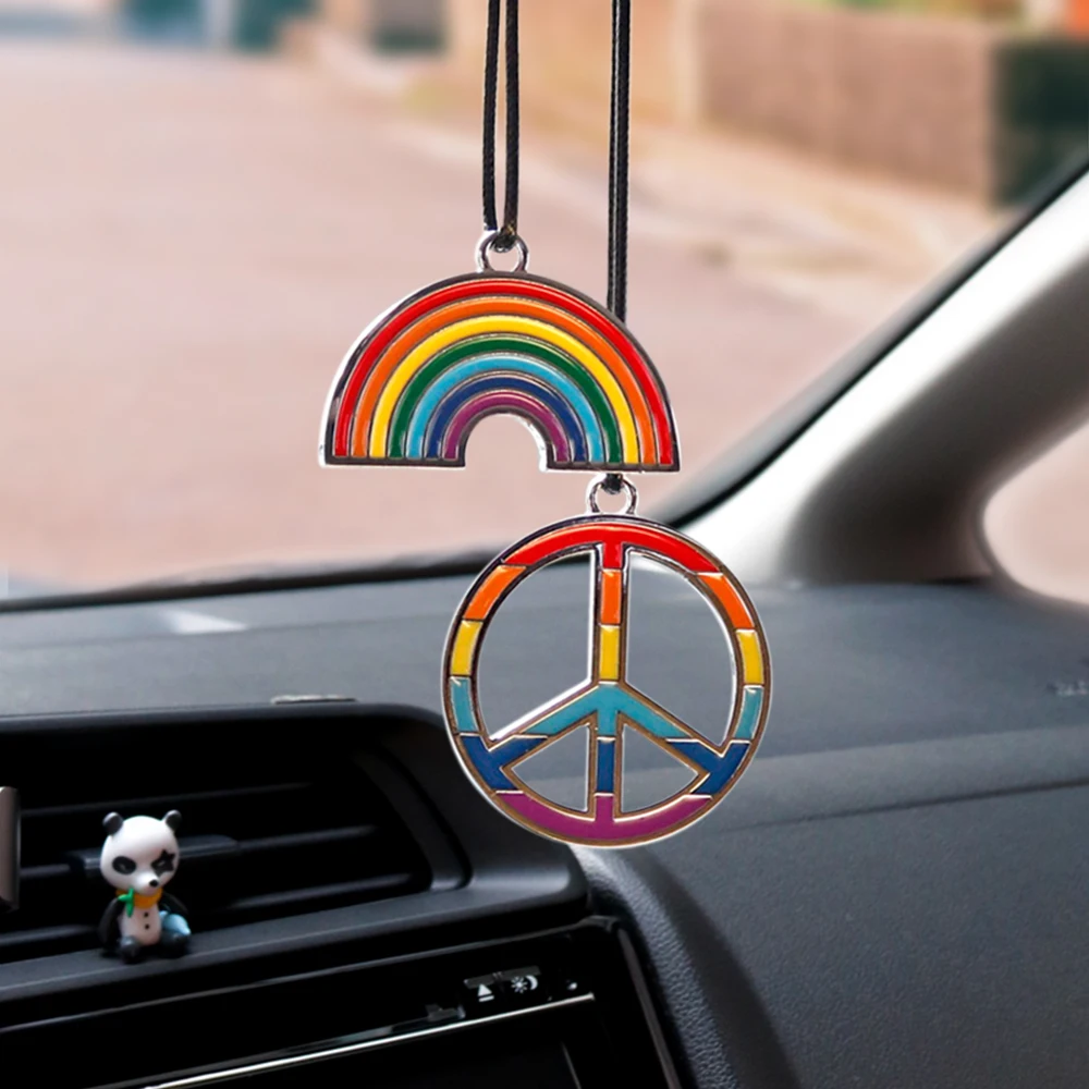 Creative Rainbow Pendant  Styling Peace Sign Car Ornaments Rearview Mirror Pendant In Car Birthday Gift Auto Accessories Coche