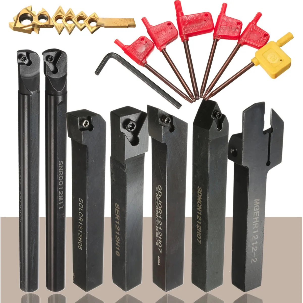 

Newest 12mm 21Pcs/Set Shank Lathe Turning Tool Holder Boring Bar +Insert+Wrench S12M-SCLCR06/SER1212H16/SCL1212H06