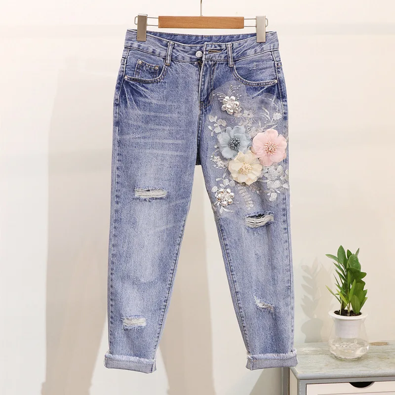 Summer Fashion Women T Shirt Jeans European Style Denim Suit Embroidery 3D Flower Female Trousers Vintage Beading Sets S-XXL