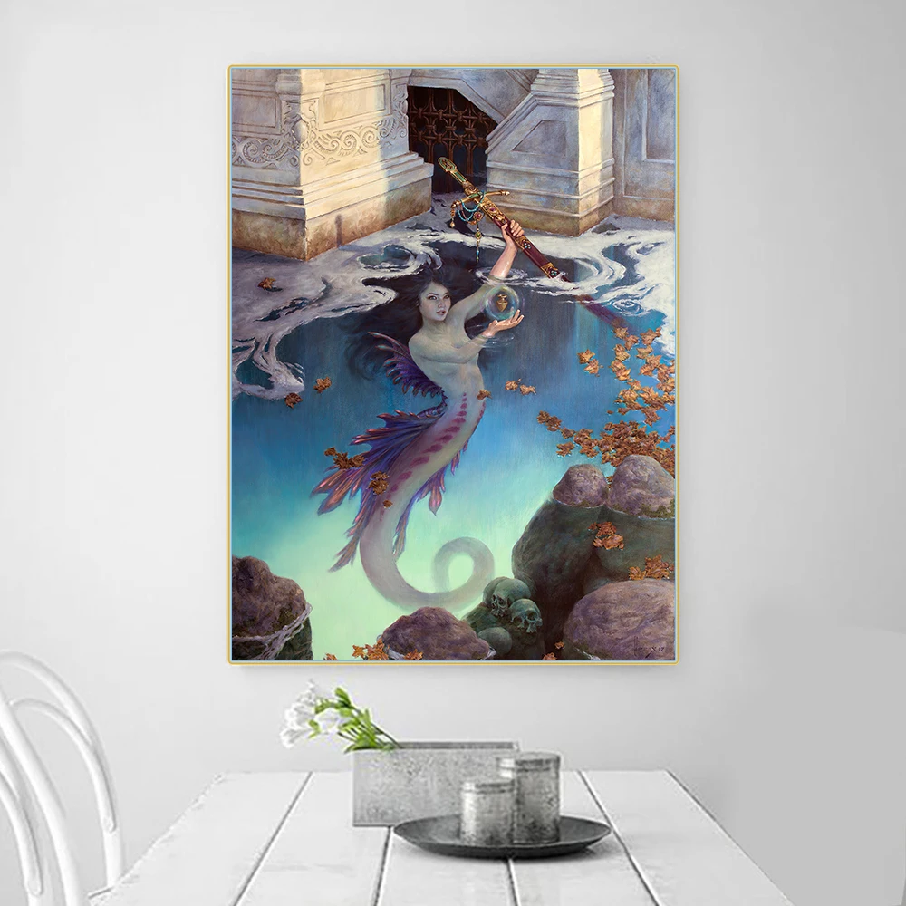 Citon Richard Hescox《Mermaid》Illustration Canvas Art Oil Painting Artwork Poster Picture Wall Decor Home Living room Decoration