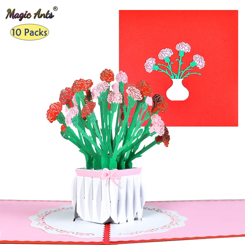 

10 Pack 3D Carnation Pop-Up Flowers Card for Mothers Thanksgiving Day Anniversary Birthday Gift Valentine's Day Wholesale