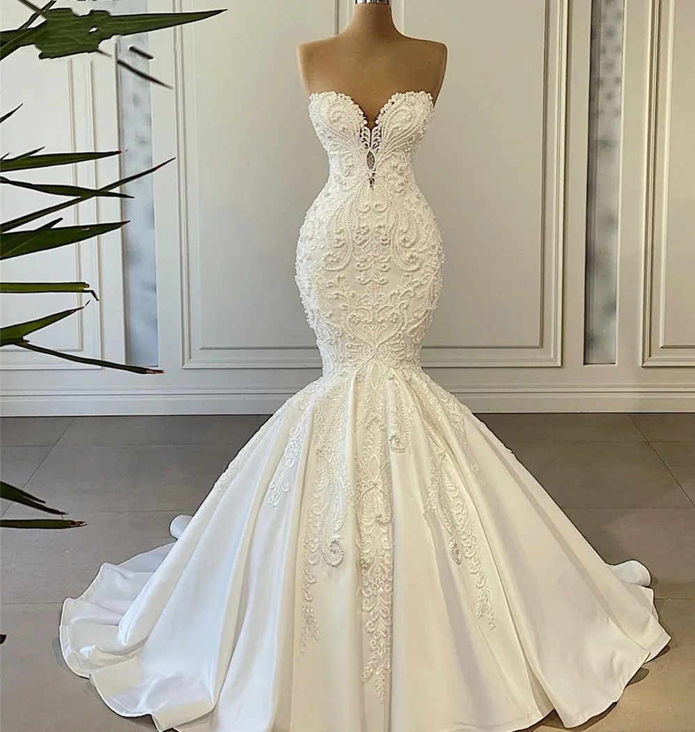 

Robe De Mariee Sexy Luxury Bridal Gown Mermaid Sweetheart Tulle Lace Pearls Wedding Dress Women Bride Custom Made 2023