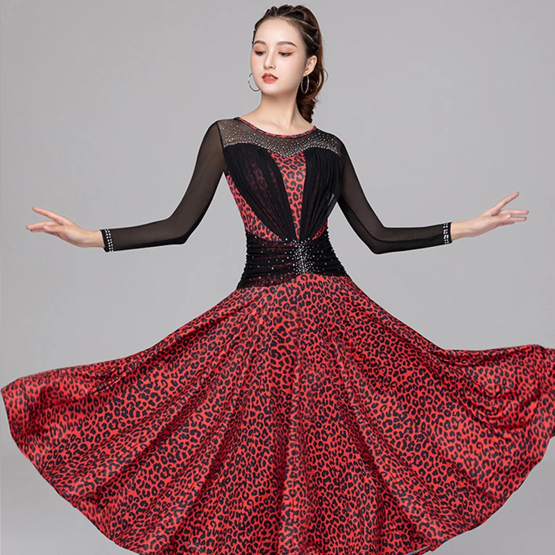 Floral vestido de competição de salão de baile feminino malha palco traje leopardo flamenco vestido dança moderna roupa tango dancewear dl8558