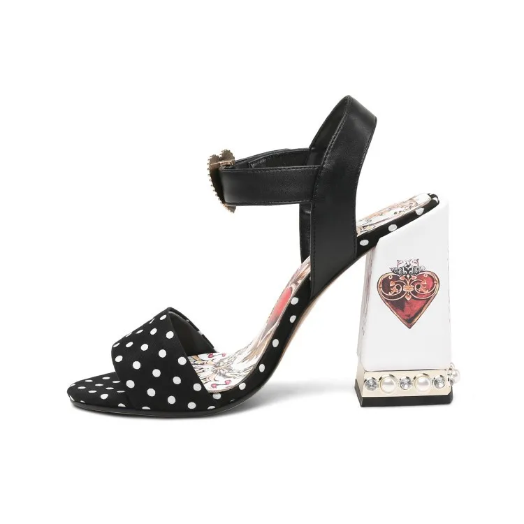 New Women Heart Printed Rivets White Coated Chunky Heel Sandals Polka Dot Open toe Ankle Buckle Ladies Summer sandalias mujer