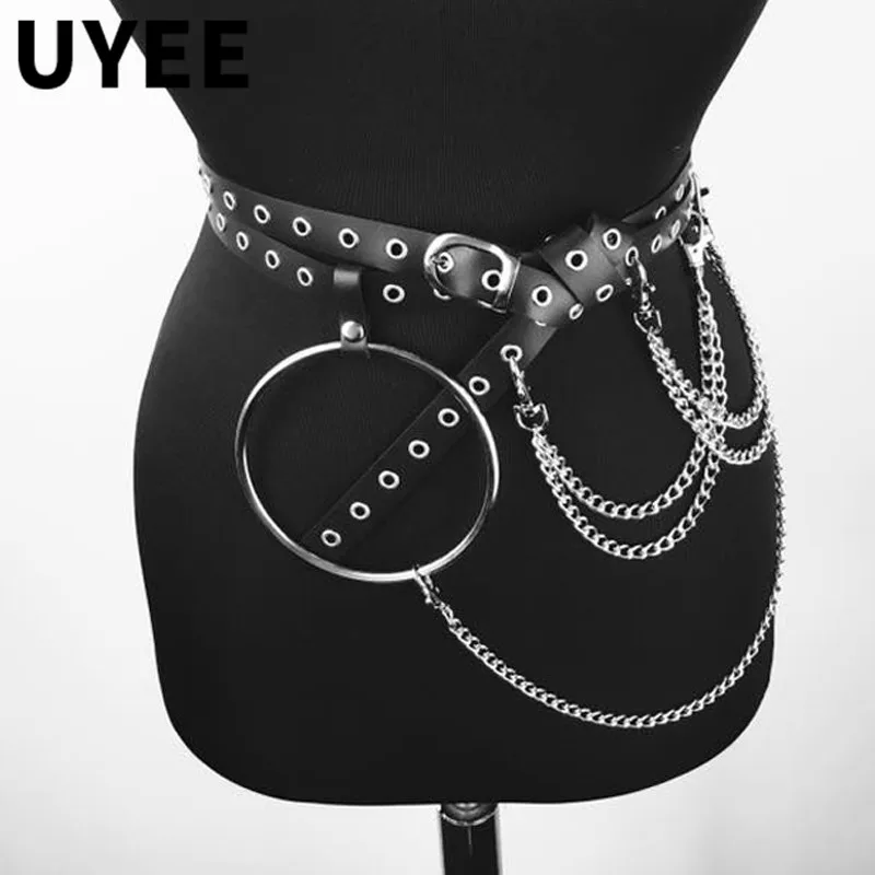 UYEE Goth Waist Chain Punk Belt for Women Multi-layer PU Leather Harness Corset Alloy Metal Rock Nightclub Sexy Jeans Dress Belt