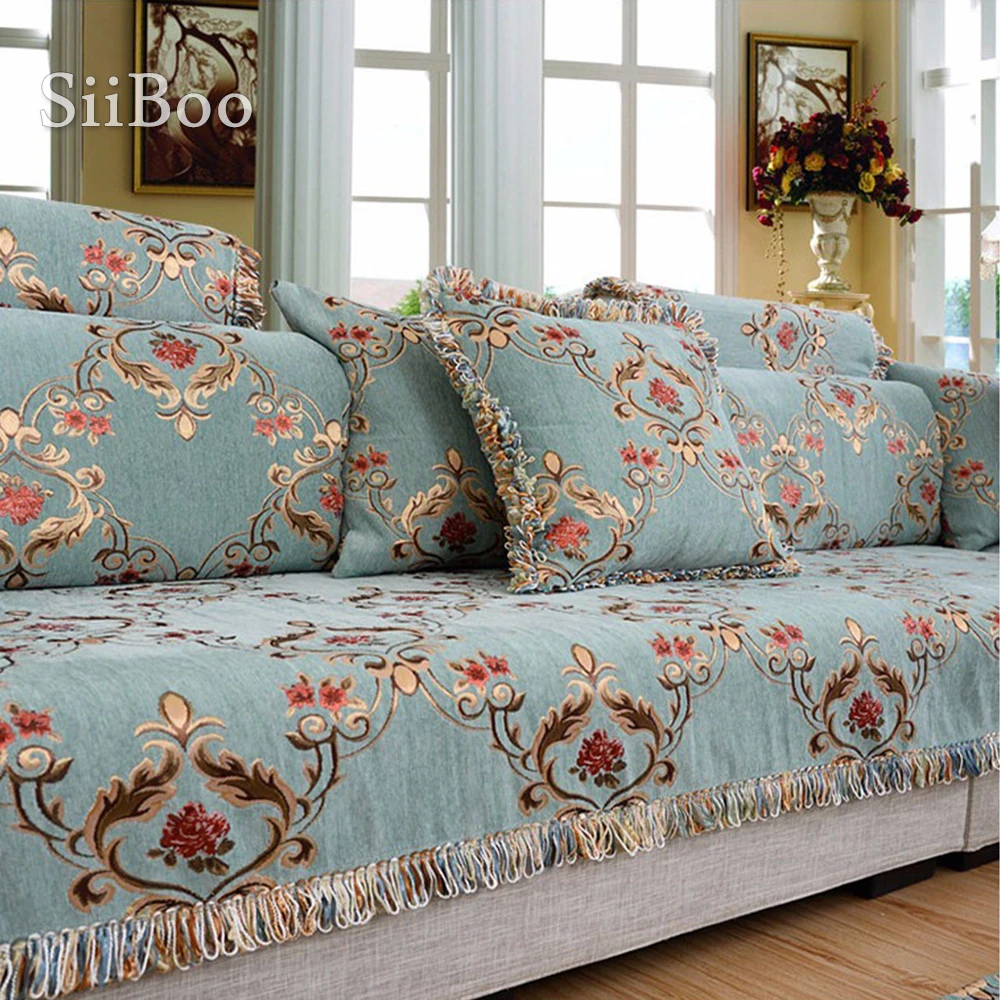 Europe pastoral style luxury Chenille floral jacquard cloth sofa cover slipcovers for winter autumn canape tassel decor SP3838