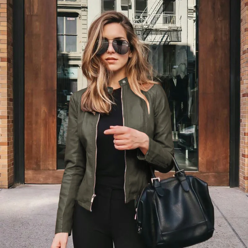 The New Fall/winter 2021 Women's Fashion Leather Suit Jacket Jacket Women's Zipper Slim Short Locomotive Women's Jacket