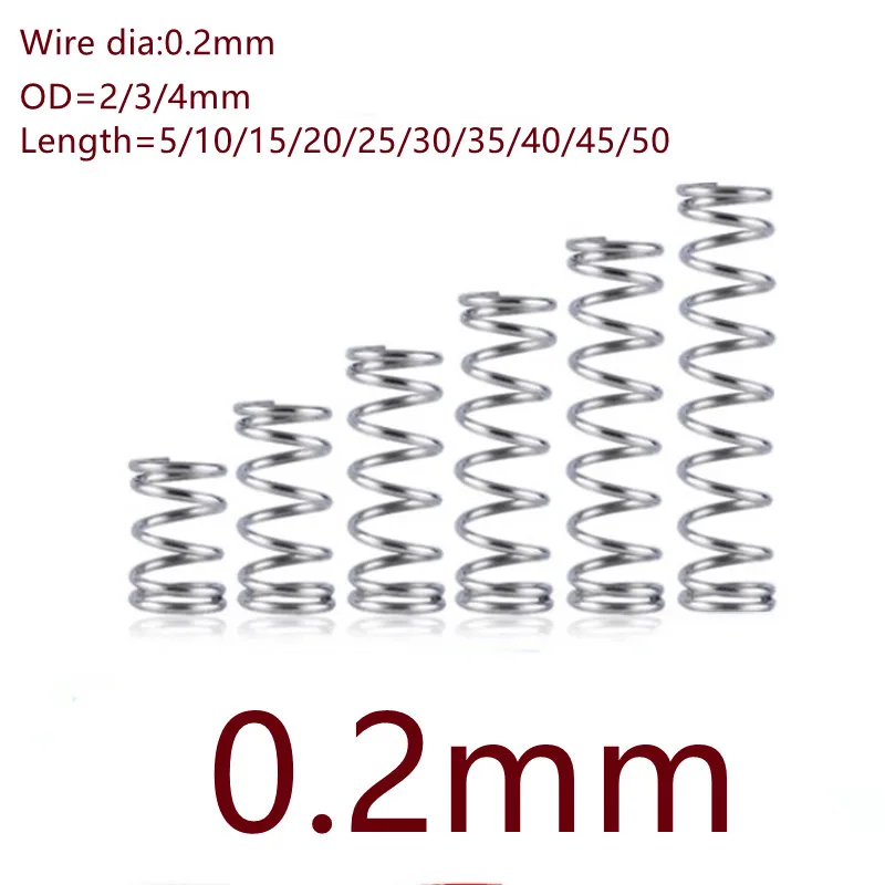 Resorte de compresión de acero inoxidable, longitud de 5-50mm, 0,2mm, 0,2x2/3/4/x L, 20 unidades por lote