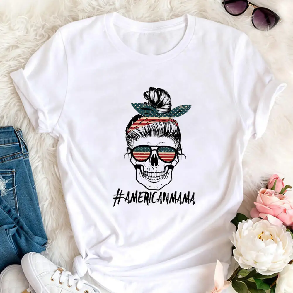 

American MaMa 100%Cotton Printed Women's Tshirt Mom Party Shirts Mom Life Summer Casual O-Neck Short Sleeve Tops Gift for Mother