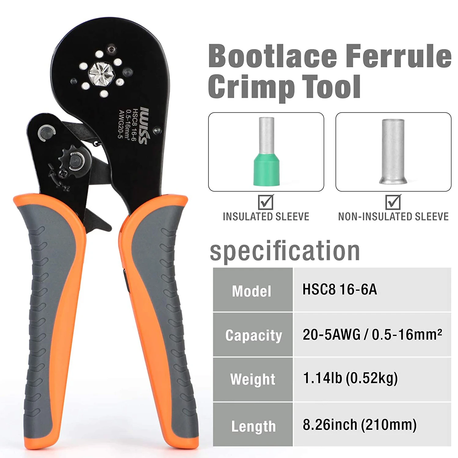 IWISS HSC8 16-6 Upper Range Crimp Tool for 20 to 5AWG End Sleeve Ferrules Ratcheting & Self-adjustable Crimping Plier