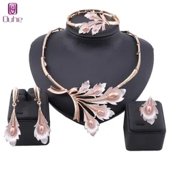 Fashion Nigerian Wedding African Costume Jewelry Set Dubai Neckace Bangle Earrings Ring For Women Party Jewelry Sets 3 Colors