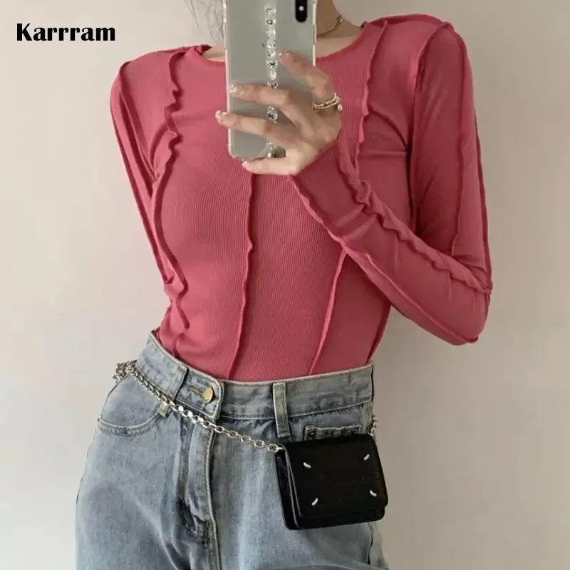 Karrram Korean Style Long Sleeve Top Bodycon Tshirt Women Blue Slim T Shirt Spring 2021 Designer Clothes Solid E Girl Tee Shirt