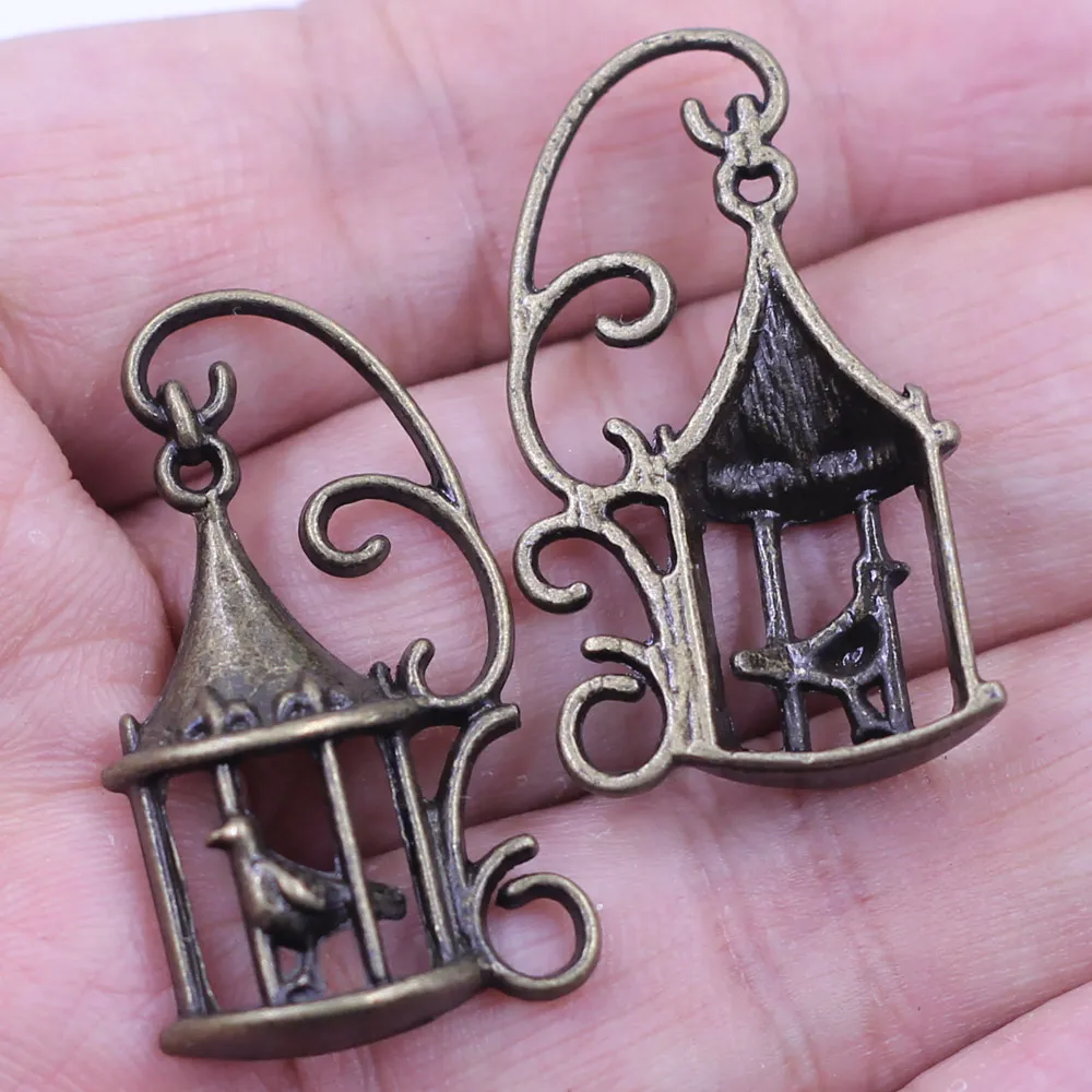 10Pcs Pendants Bird In Cage Animal Bronze Tone Charms 34x20mm