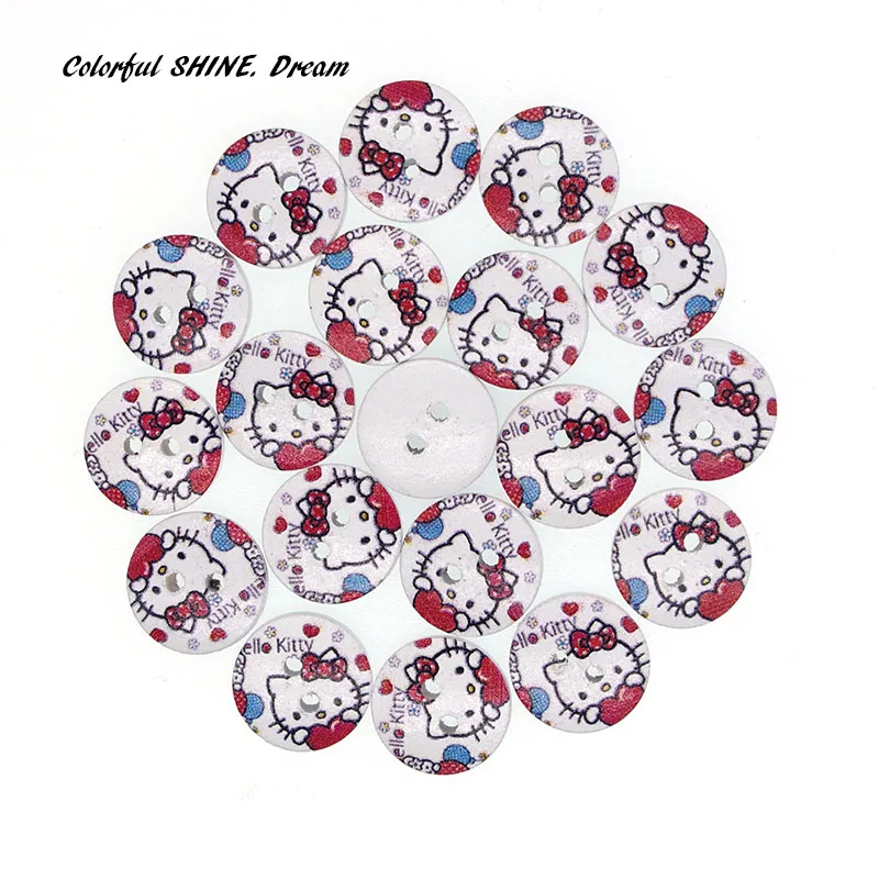 50PCs Wholesale Natural Wooden Buttons Round Kitty Design Scrapbooking Sewing Accessories DIY Craft 2 Holes 15mm Dia.