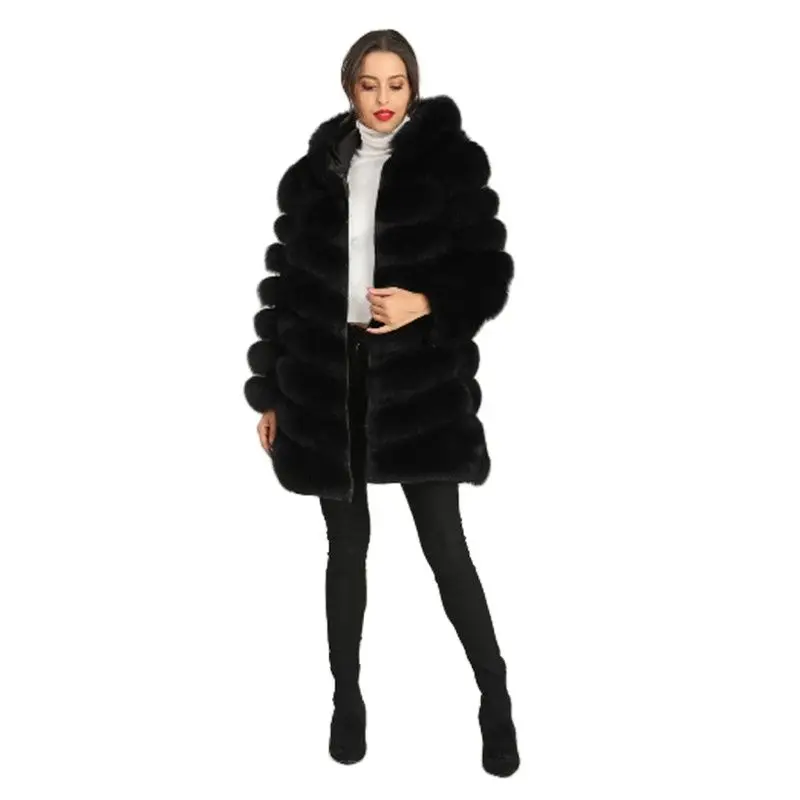 

New Arrival Fox Fur Coat For Women Striped Style Warm In Winter Parka Elegant And Fashion Black Coat Medium Long