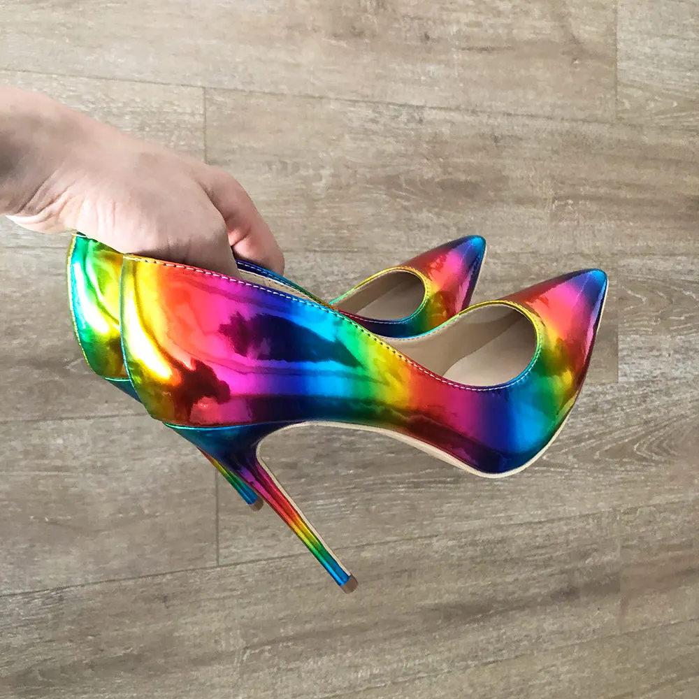 Veowalk Artsy Glossy Colorful Print Women Pointed Toe High Heels Ladies Slip On Stilettos Pumps Sexy Night Club Thin Heel Shoes