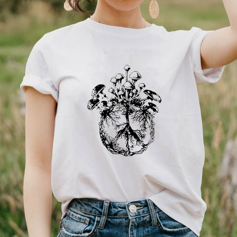 Mycology Hippie Peace Mushrooms T-shirt Aesthetic Nature Lovers Tshirt Vintage Women Cottagecore Plant Gardening Top Tee