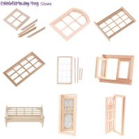 Multi Styles 1/12 Dollhouse Miniature Wood External Single Door Wooden Window Frame DIY Accessories  Doll House Furniture Toys