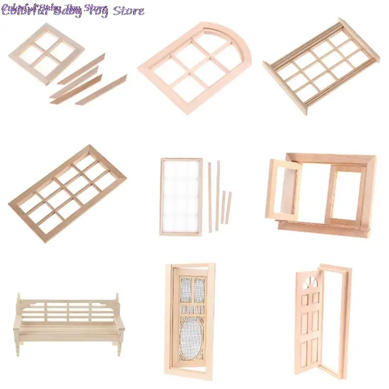 Multi Styles 1/12 Dollhouse Miniature Wood External Single Door Wooden Window Frame DIY Accessories  Doll House Furniture Toys