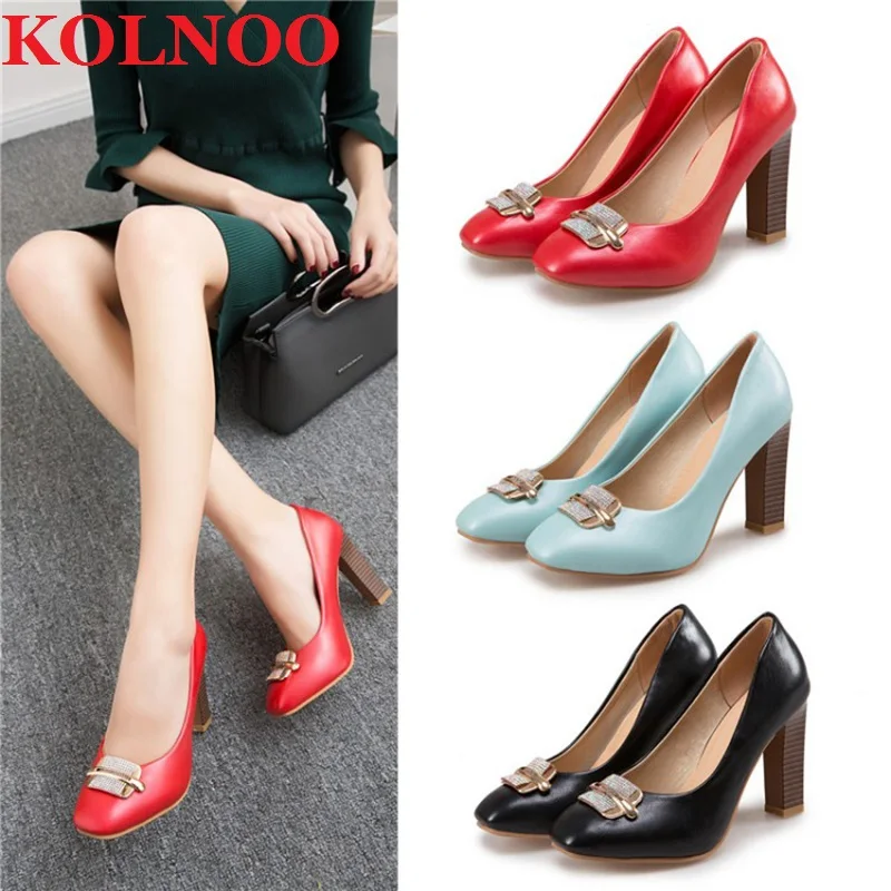 

Kolnoo Handmade Womens Chunky Heels Pumps Slip-On Round-Toe Metal&Rhinstones Sexy 3-Color Evening Party Prom Fashion Court Shoes