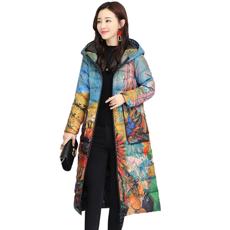 Winter Print Parkas Women X-long White Duck Down Outerwear 2021 Down Jacket Thicken Warm Hooded Coat Female