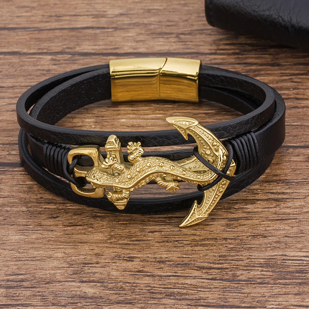 TYO Charms Fashion Rope Braided Genuine Leather Anchor Mens Bracelet Animal Black Manetic Clasp Whosale Accessories Bangles