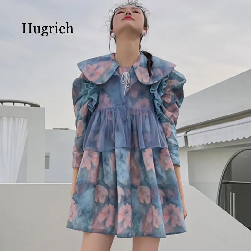 Blue Mesh Cute Dress Women Lotus Leaf Lace Floral Printed All-Match Dresses Female Romantic Clothes 2021 Spring