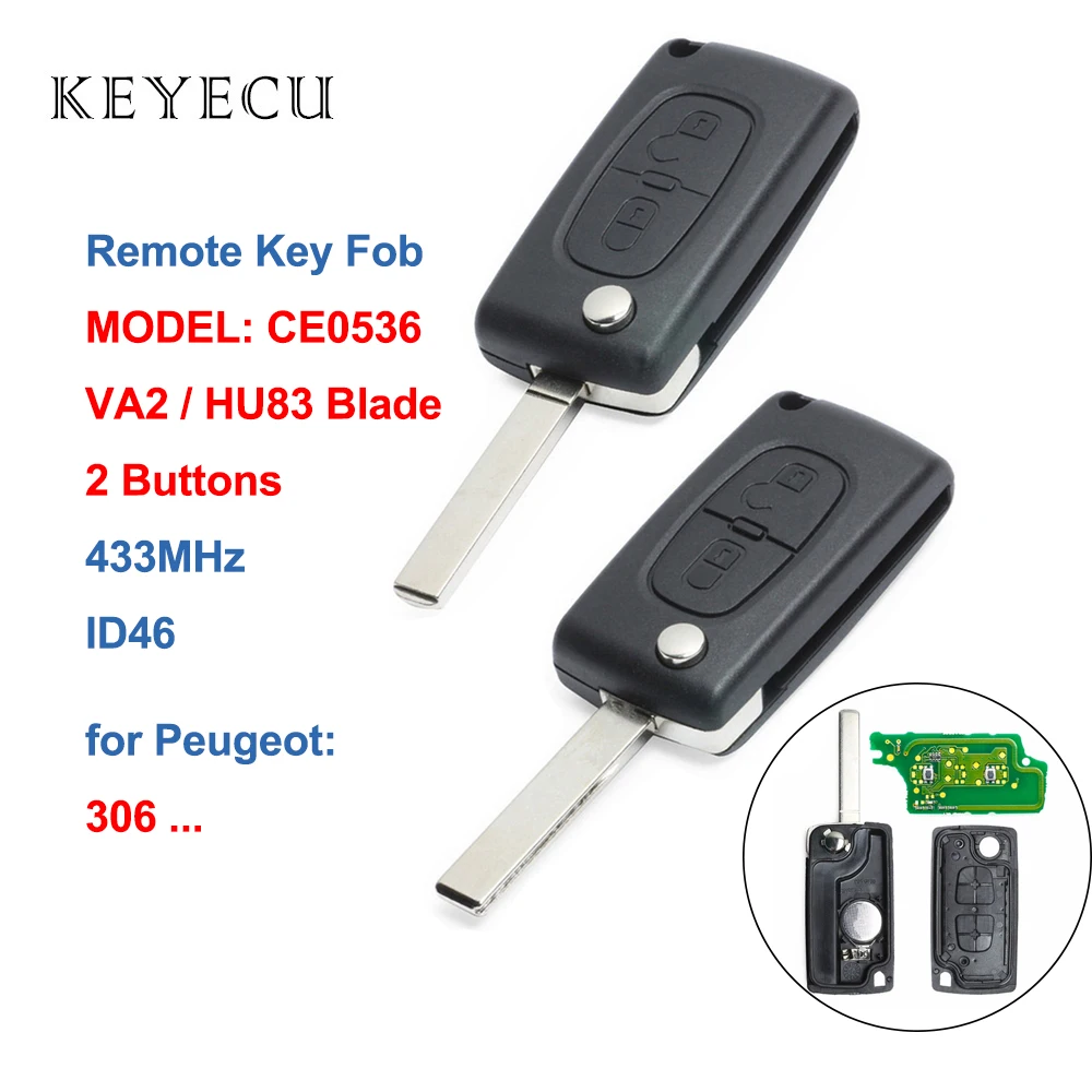 

Keyecu CE0536 Flip Remote Car Key Fob 2 Buttons 433MHz ID46 Chip for Citroen 306 - HU83 / VA2 Blade