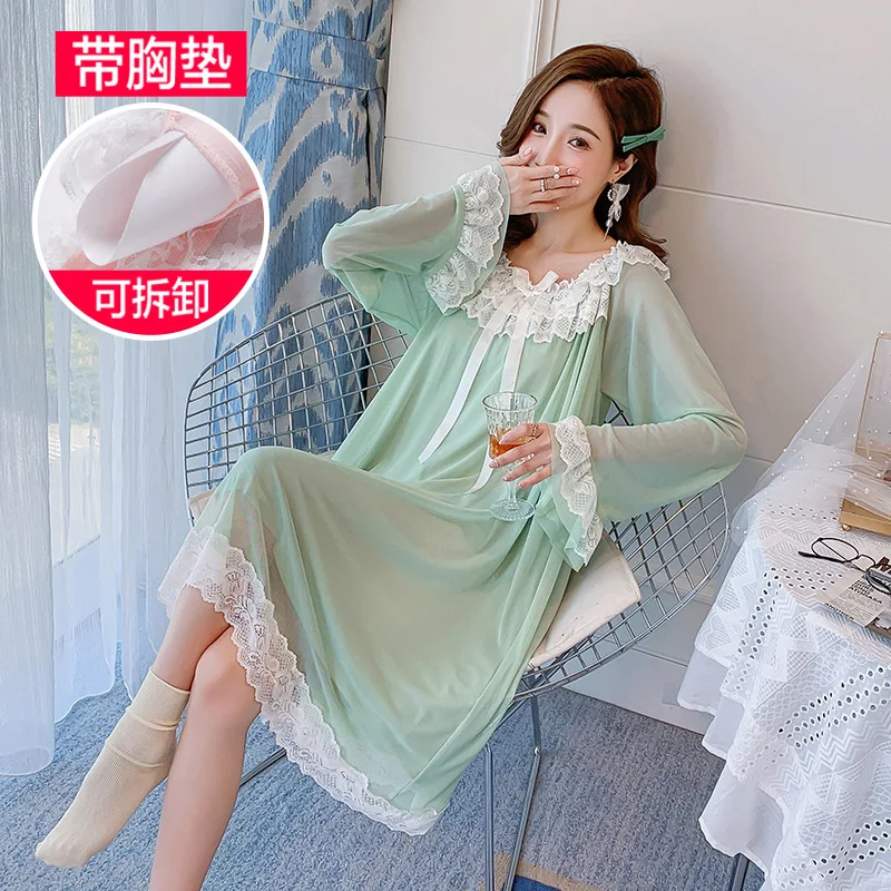Sexy Chest Pad Women Autumn Long-Sleeved Nightgowns Pure Cotton Palace Princess Lace Nightdress Ladies Nightshirt Long Dress