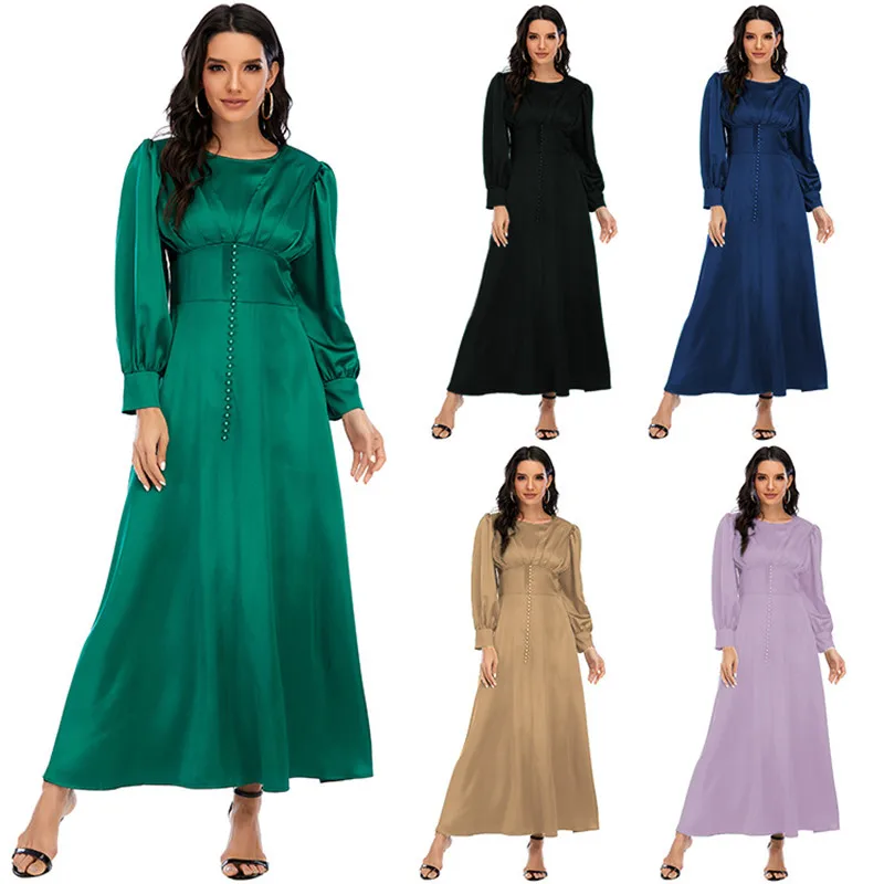 Dubai Elegant Beads Muslim Women Long Dress Satin Party Ramadan Islamic Maxi Robe Middle East Turkey Arabic Abaya Solid Color