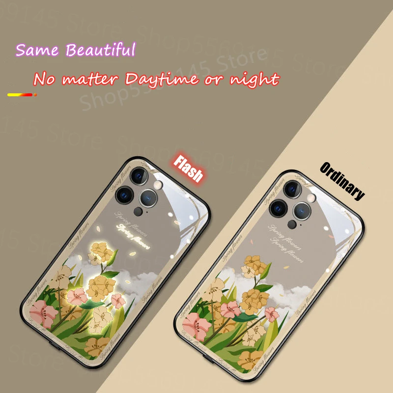 Luxury Bright Red Rose Peony Flowers Phone Case For iPhone 12 11 Pro Xs Max Mini XR SE 7 8 Soft Call LED Luminous Fundas Cover