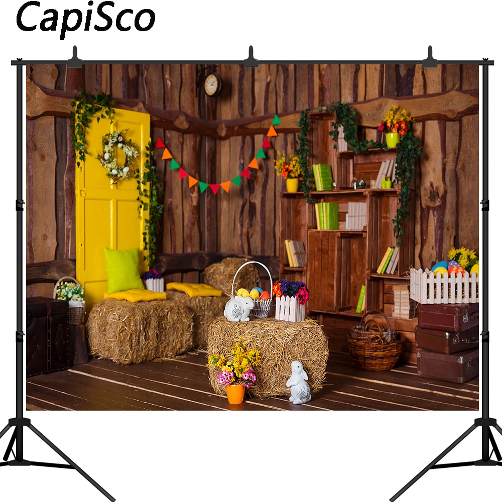 

Capisco Photography Backdrops Easter Eggs Haystack Rabbit Wood Wall Newborn Decor Background Photo Studio Photocall Shoot Prop