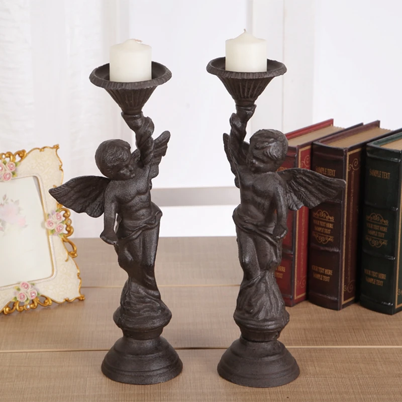 

European Style Retro Cast Iron Handicraft Angel Antique Art Candle Holder Home Decoration Ornaments