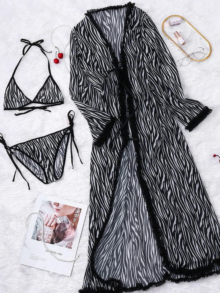 Zebra Pattern Contrast Trim Robe and Bra Set Casual Sleepwear Mesh Nightwear Elegant Lingerie Spa Bathrobe