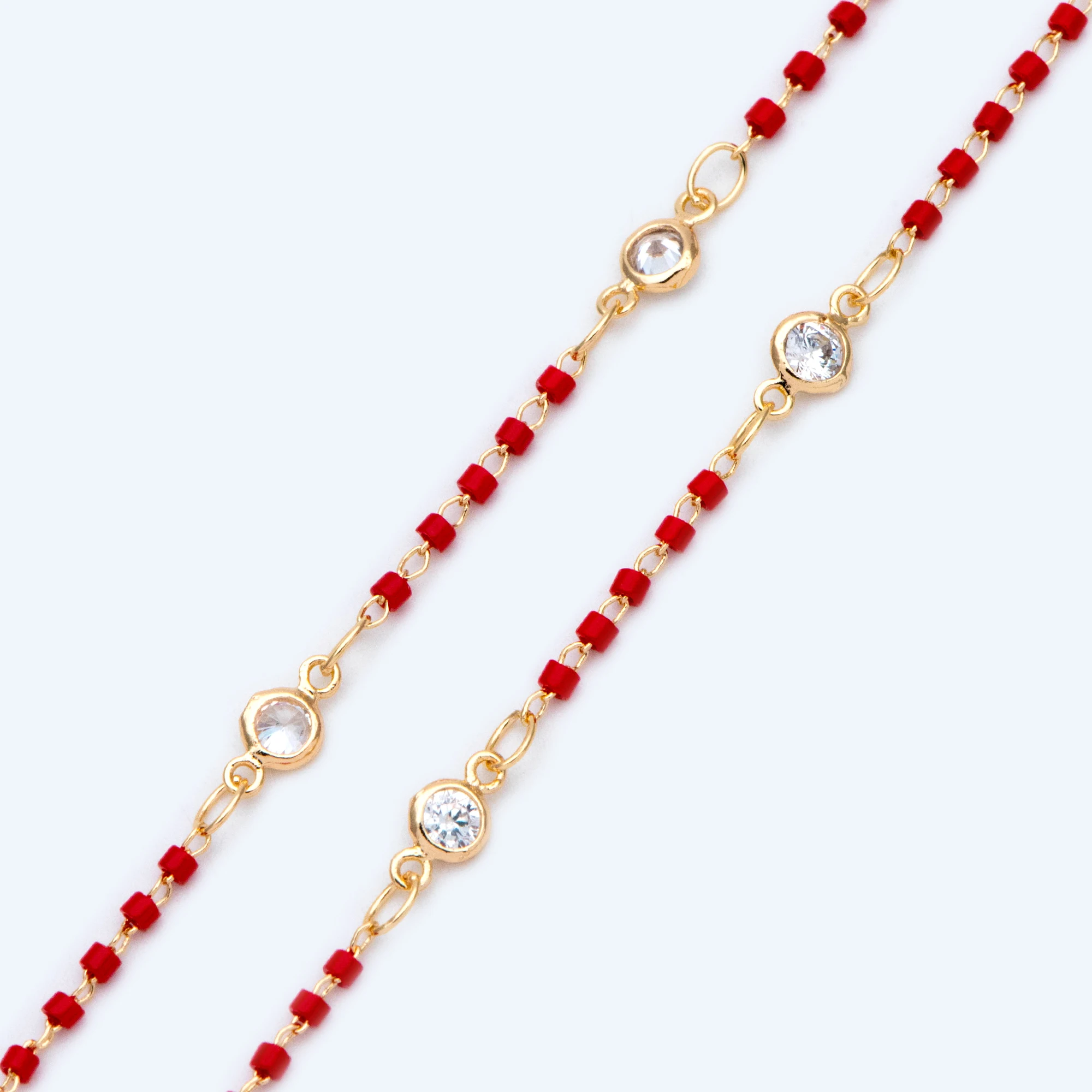 

Miyuki Seed Bead Dainty Gold Chain For Jewelry Making, 4mm Round Coin CZ Links, Red (#LK-437-3)/ 1 Meter=3.3 Ft