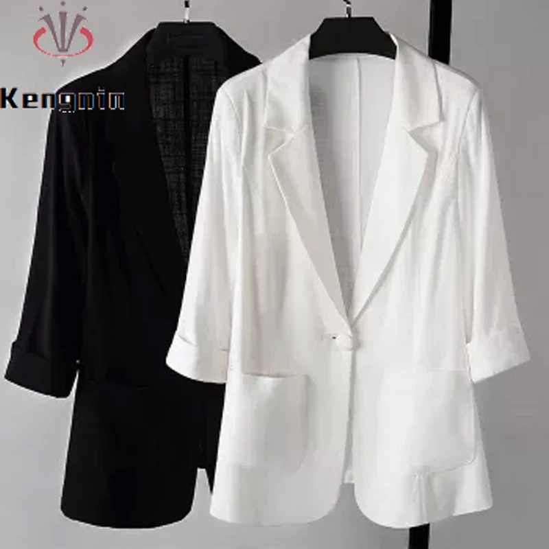 

Plus Size 5XL Blazers 2023 Summer Jackets Thin Pockets Loose Ladies Outerwear Japan Style Cotton Linen Female Basic Coat KE757